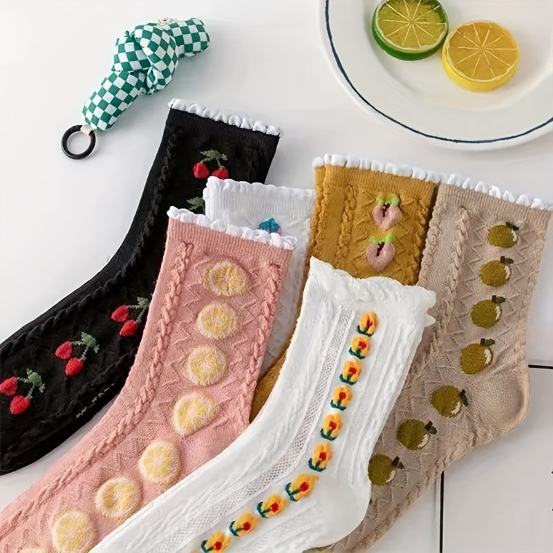 6 Pairs Fruit Pattern Socks Comfy & Breathable Women's Stockings