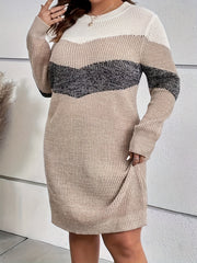  Colorblock Crew Neck Midi Sweater Dress