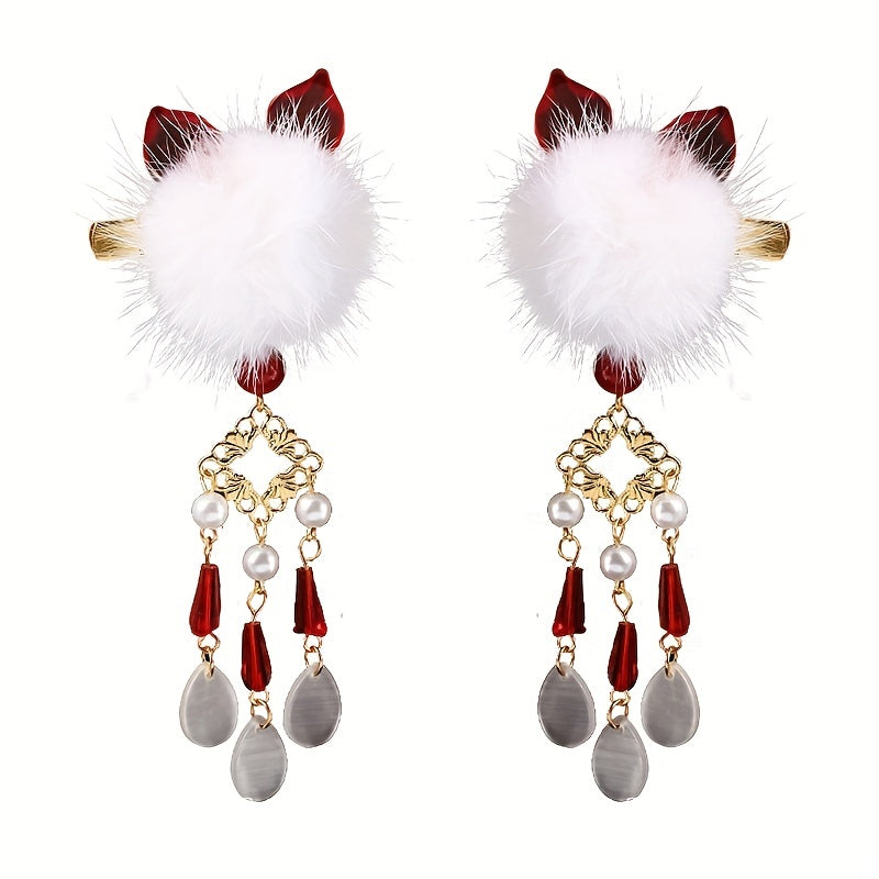 Plush Ball Hair Clip With Opal Pendant Chinese Style Hair Accessories