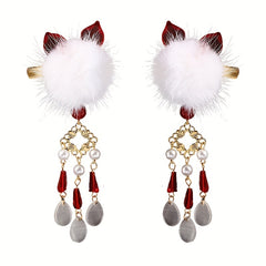 Plush Ball Hair Clip With Opal Pendant Chinese Style Hair Accessories