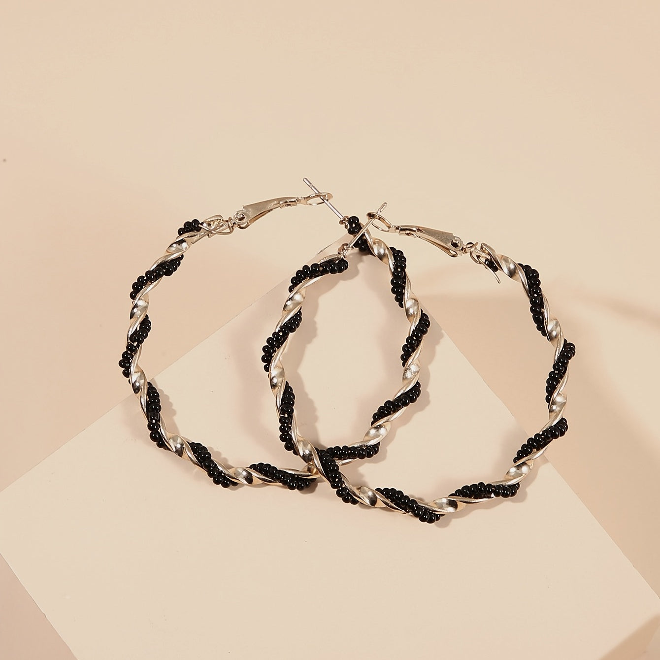 Boho Hoop Earrings With Beads Decor Stainless Steel Silver Plated Jewelry