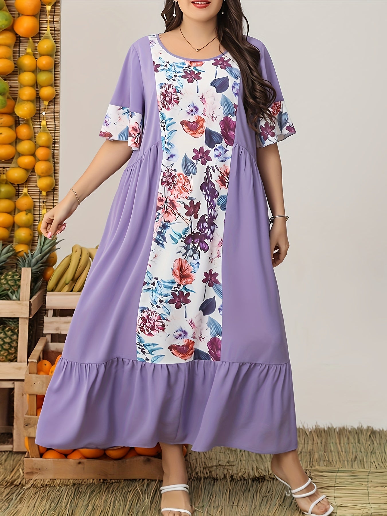  Colorblock Floral Print Butterfly Sleeve Maxi Dress