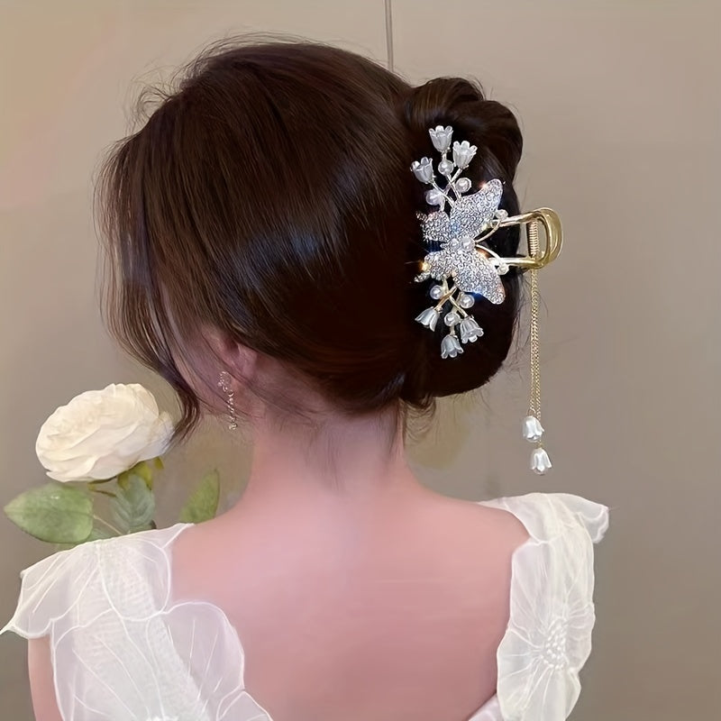 Pearl Flower Tassel Rhinestone Hair Claw for Women