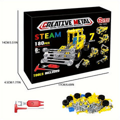 180pcs Metal Steam Kit 7 in 1 Engineering Vehicle Model Yellow