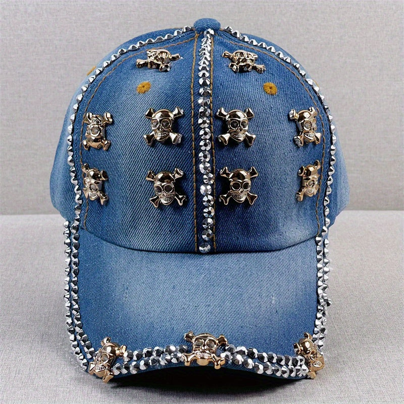 Skull Rivet Decor Baseball Cap Y2K Washed Denim Sun Hat Casual Dad Hats