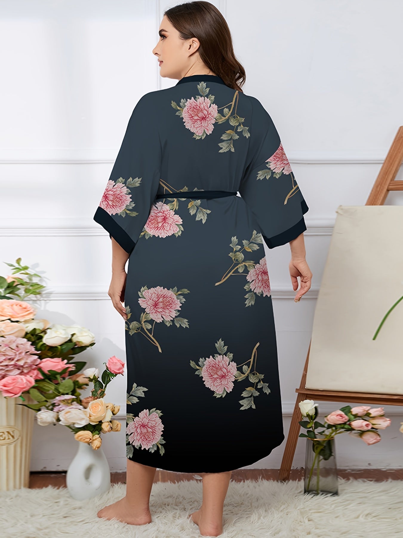  Ombre & Floral Print Long Sleeve Sleepwear Robe