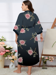 Ombre & Floral Print Long Sleeve Sleepwear Robe