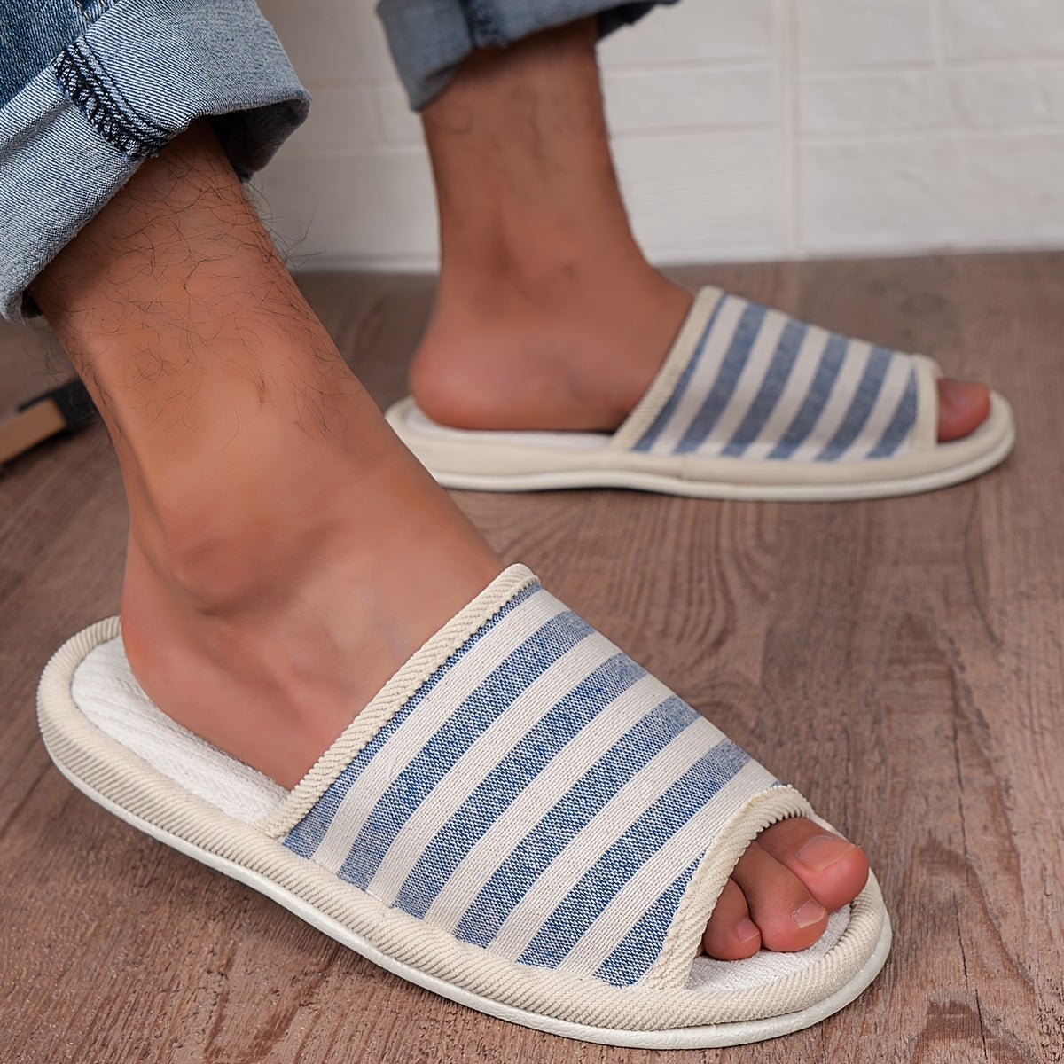 Striped Open Toe House Slippers Anti-Skid Slip-On Shoes Indoor Men