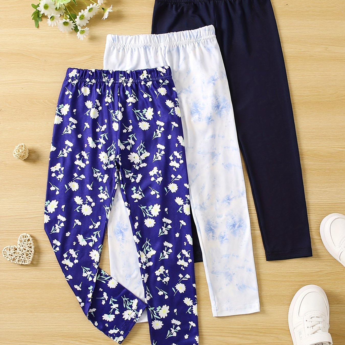 3pcs Girls' Slim Fit Legging Pants Plain Floral Tie Dye Print