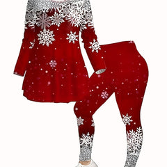  Snowflake Print Tunic Top & Leggings Set