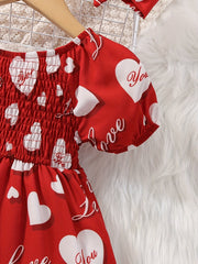 Girls Heart Print Puffy Sleeve Princess Dress