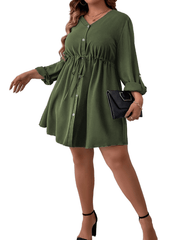  Button Front Long Sleeve Midi Dress Women's Plus