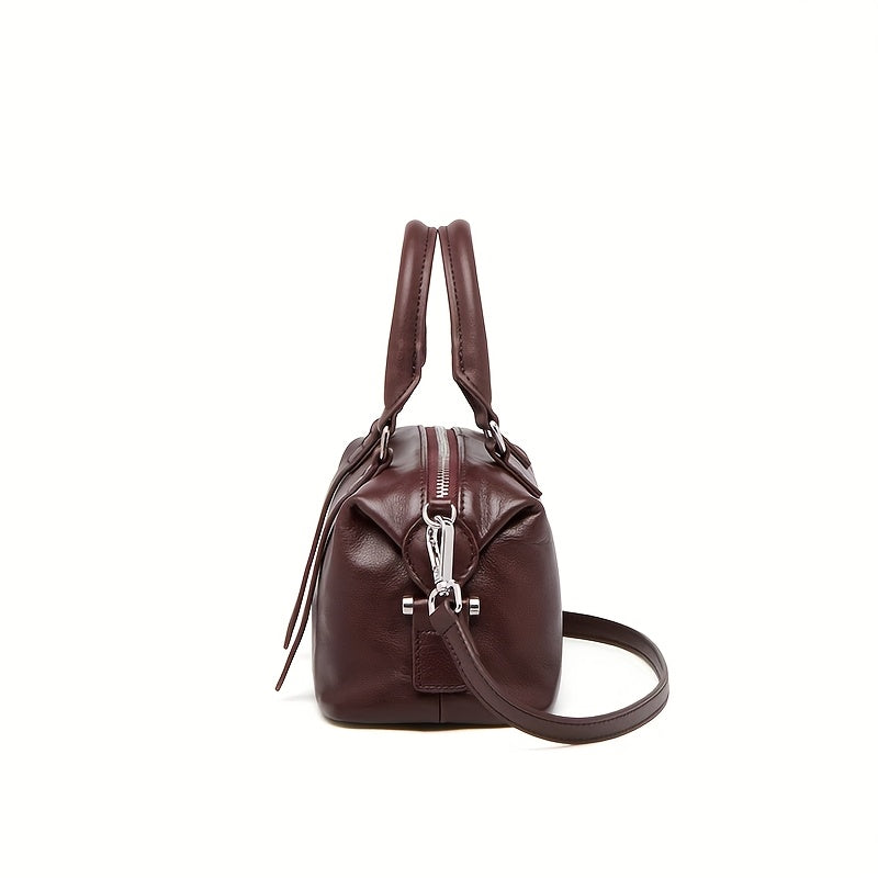 Vintage Leather Handbag for Women Burgundy Adjustable Strap Zip Closure