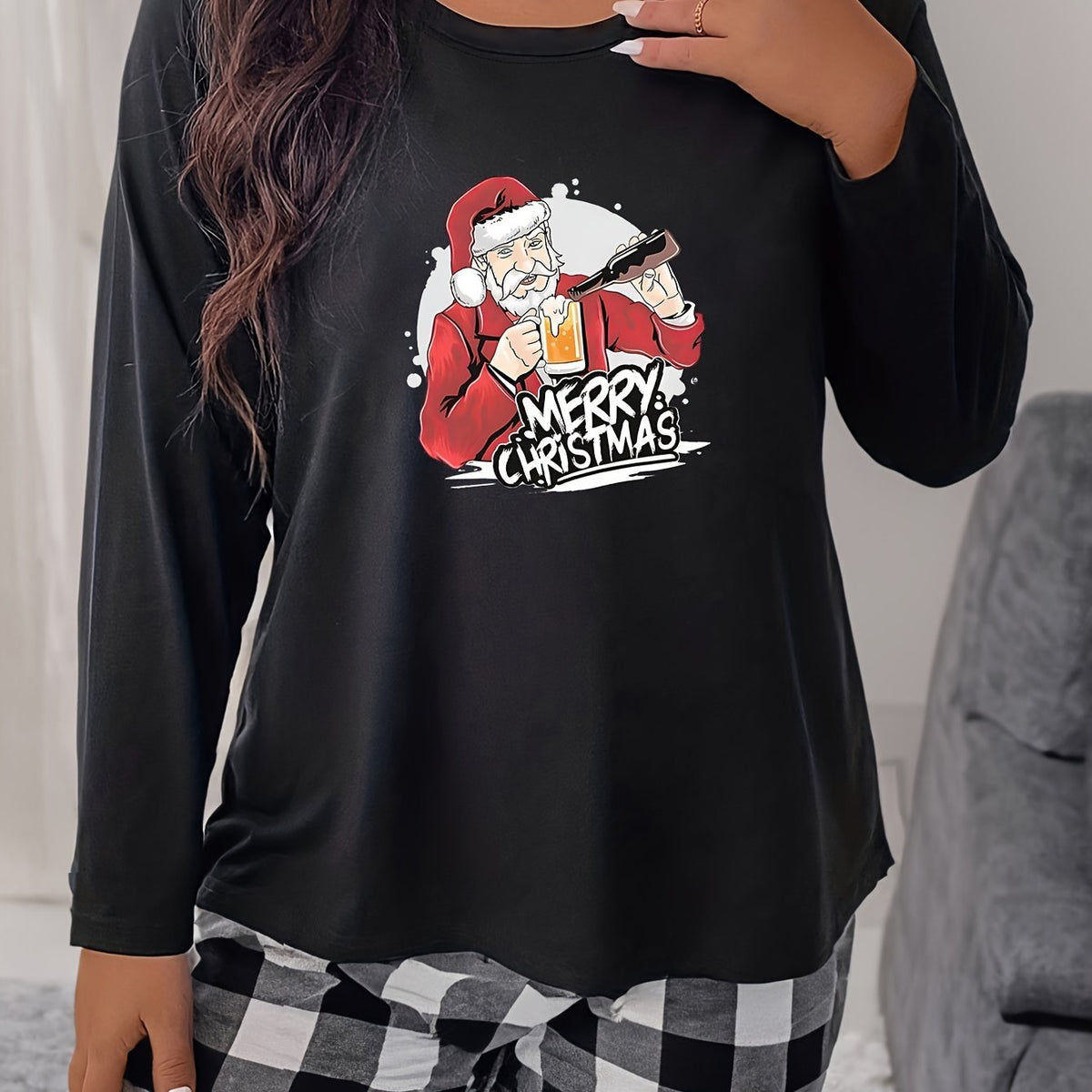  Christmas Santa Beer Print Long Sleeve Pajama Top