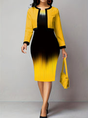  Colorblock Ombre Print Dress & Cardigan 2 Piece Set