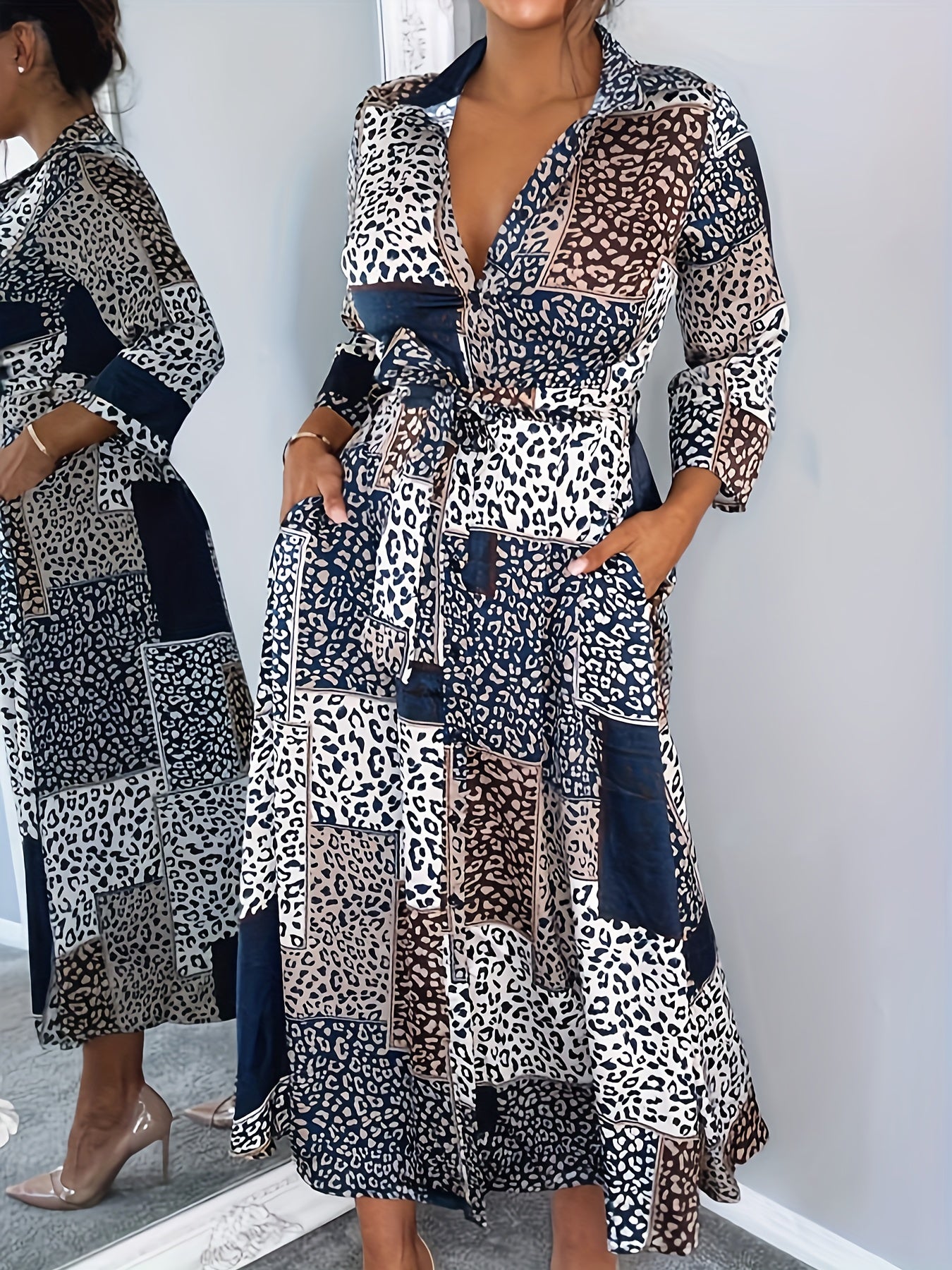  Leopard Print Long Sleeve Button-Up Maxi Shirt Dress