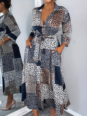  Leopard Print Long Sleeve Button-Up Maxi Shirt Dress