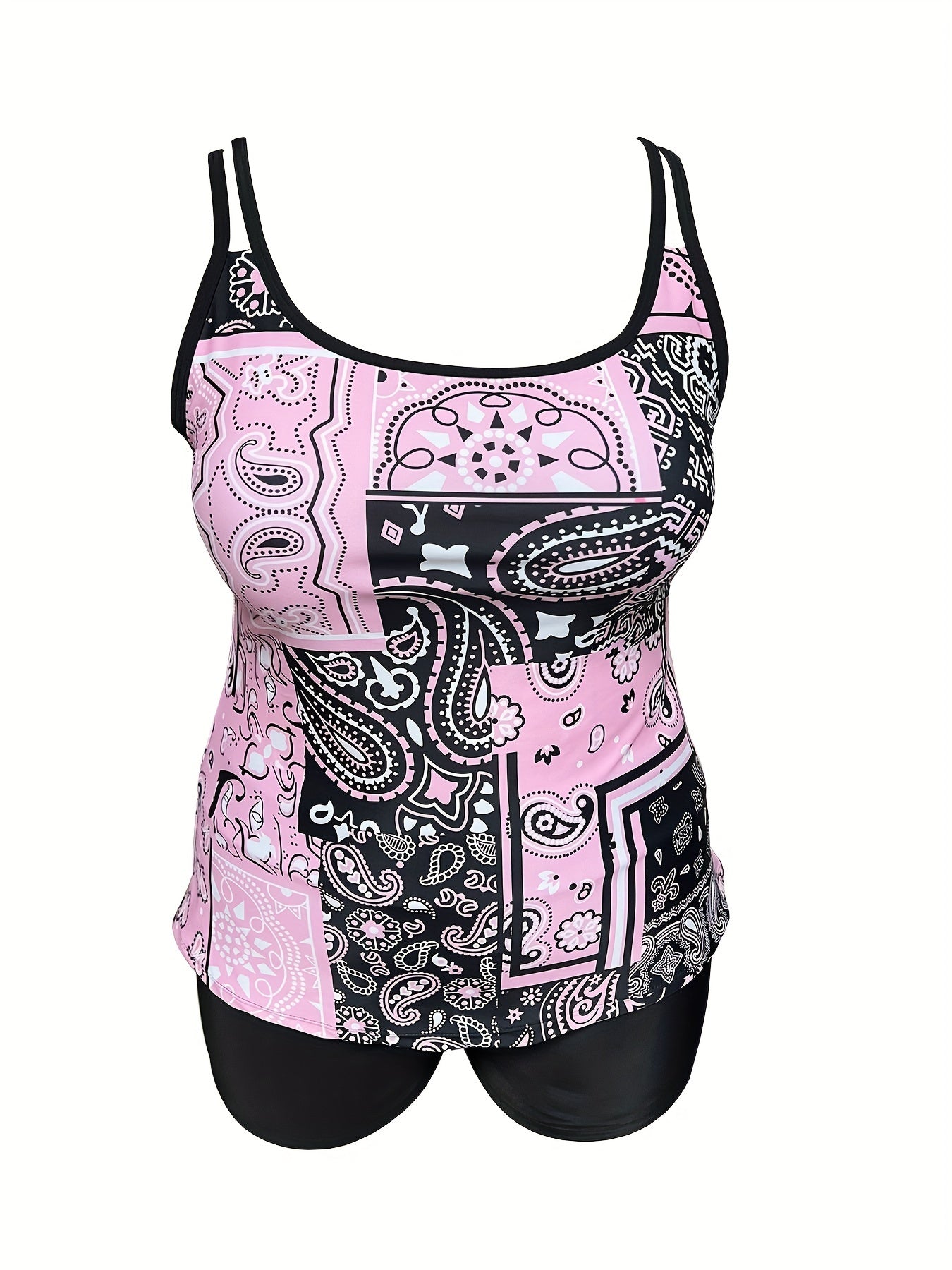  Boho Tankini Set Paisley Scarf Print Round Neck Cami & Shorts Swimsuit