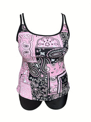  Boho Tankini Set Paisley Scarf Print Round Neck Cami & Shorts Swimsuit