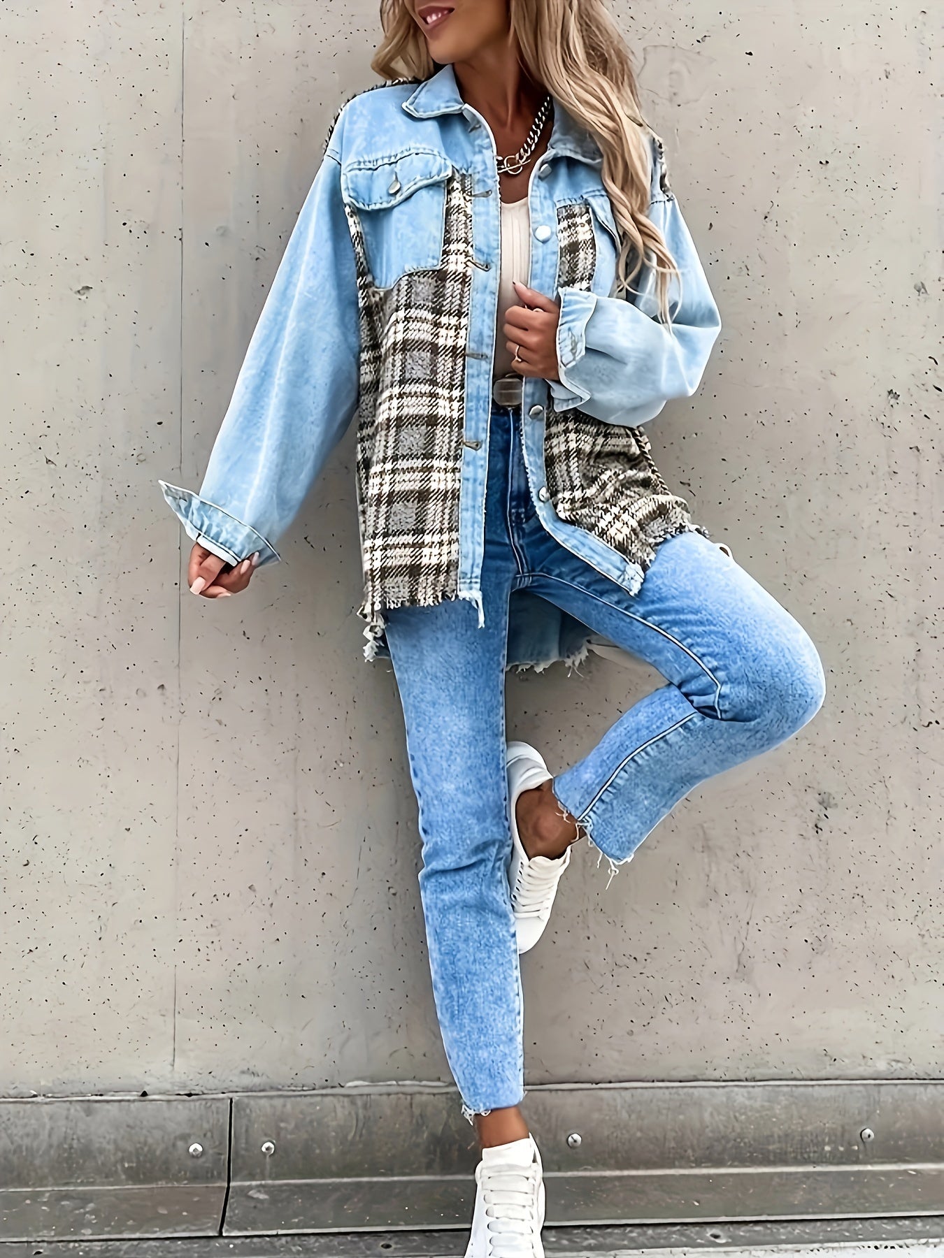  Colorblock Plaid Print Denim Jacket