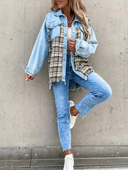  Colorblock Plaid Print Denim Jacket