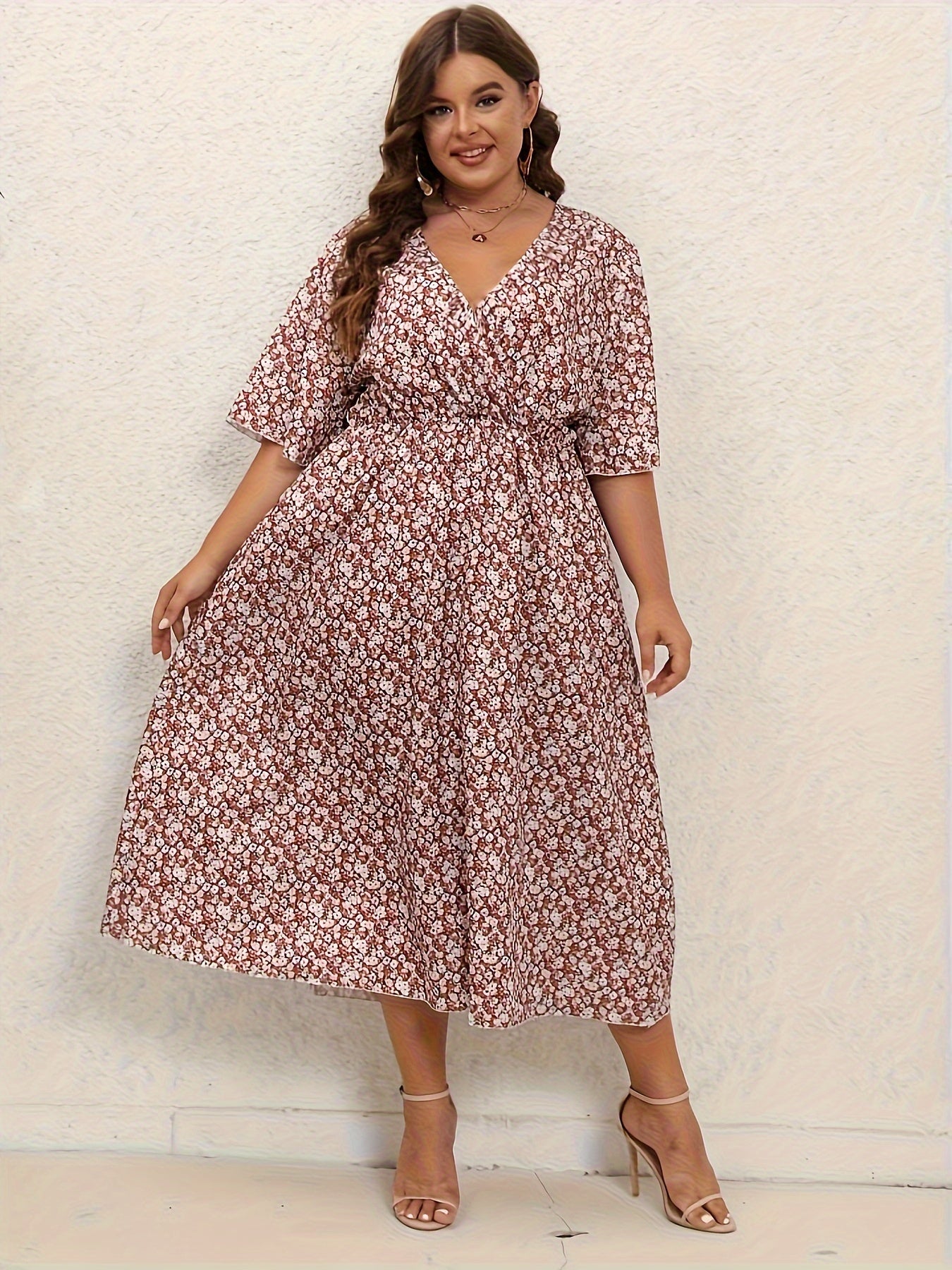  Floral Print Surplice Neck Flutter Dress
