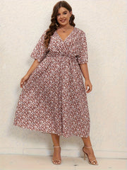  Floral Print Surplice Neck Flutter Dress