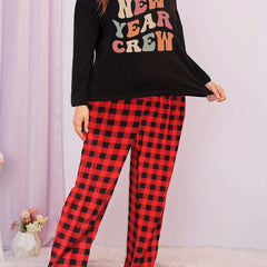  Colorful Letter Graphic Long Sleeve Tee & Plaid Pants Lounge Set