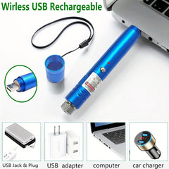 Green Beam Flashlight Laser Pointer USB Rechargeable Cat Toy Star Cap