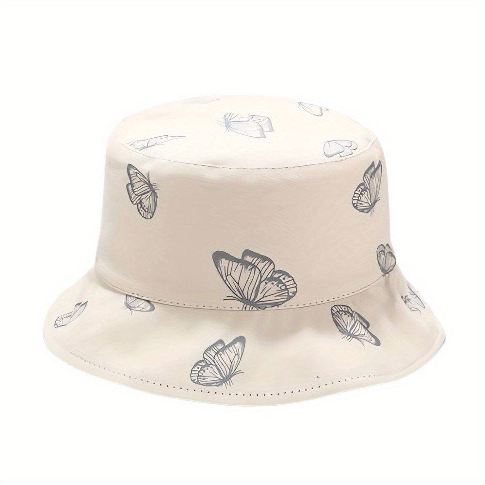 Butterfly Print Bucket Hat Women Reversible Sun Cap Sunscreen