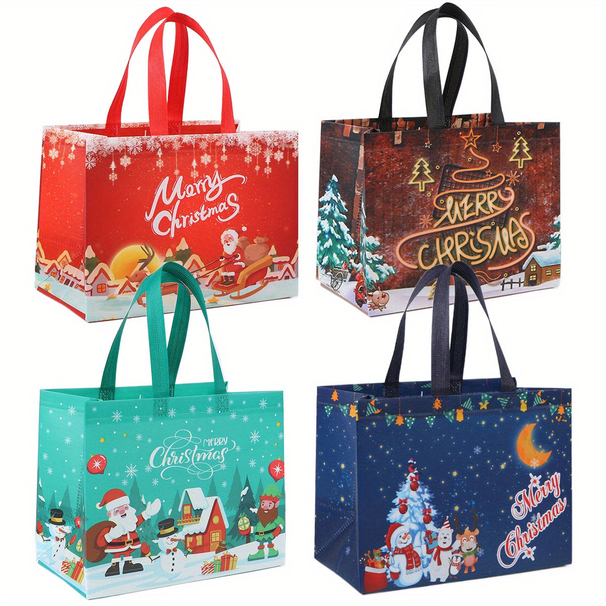 4pcs Christmas Reusable Grocery Bags Xmas Tote Bags With Handles