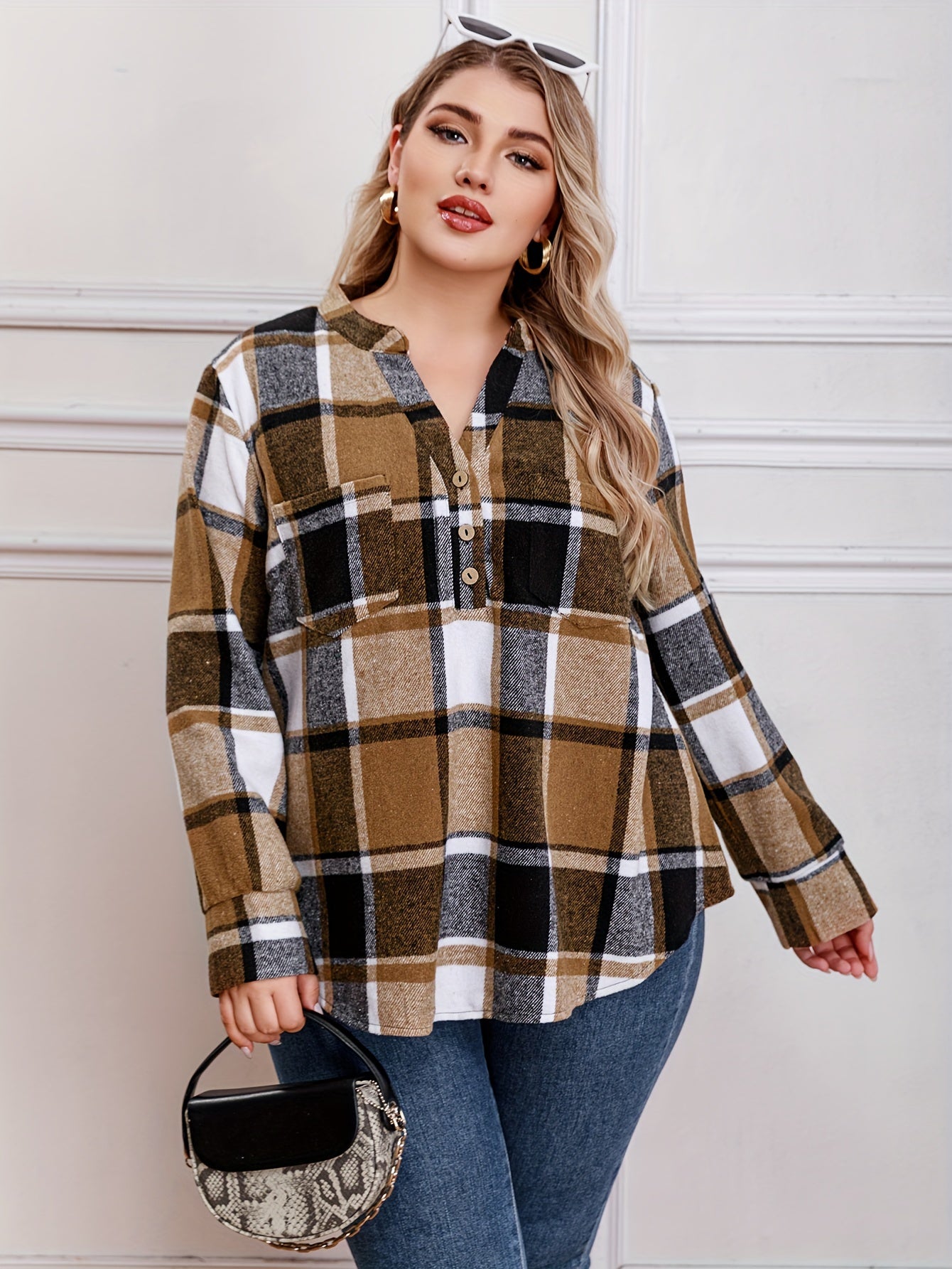  Plaid Print Button Up Long Sleeve V Neck Loose Fit Shirt Top
