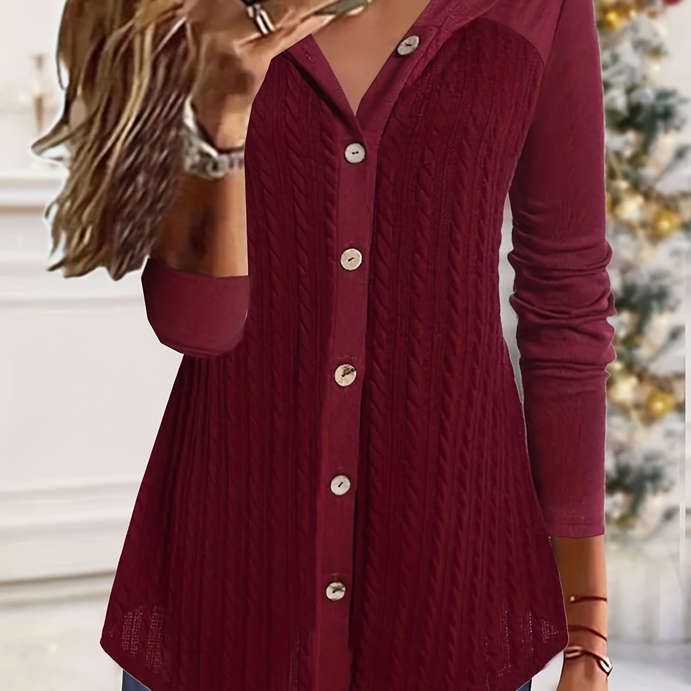  Solid Cable Long Sleeve Button Up Hooded Cardigan