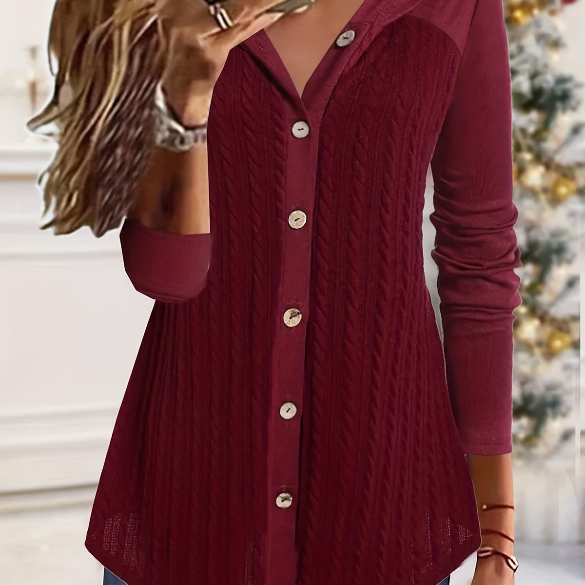 Solid Cable Long Sleeve Button Up Hooded Cardigan