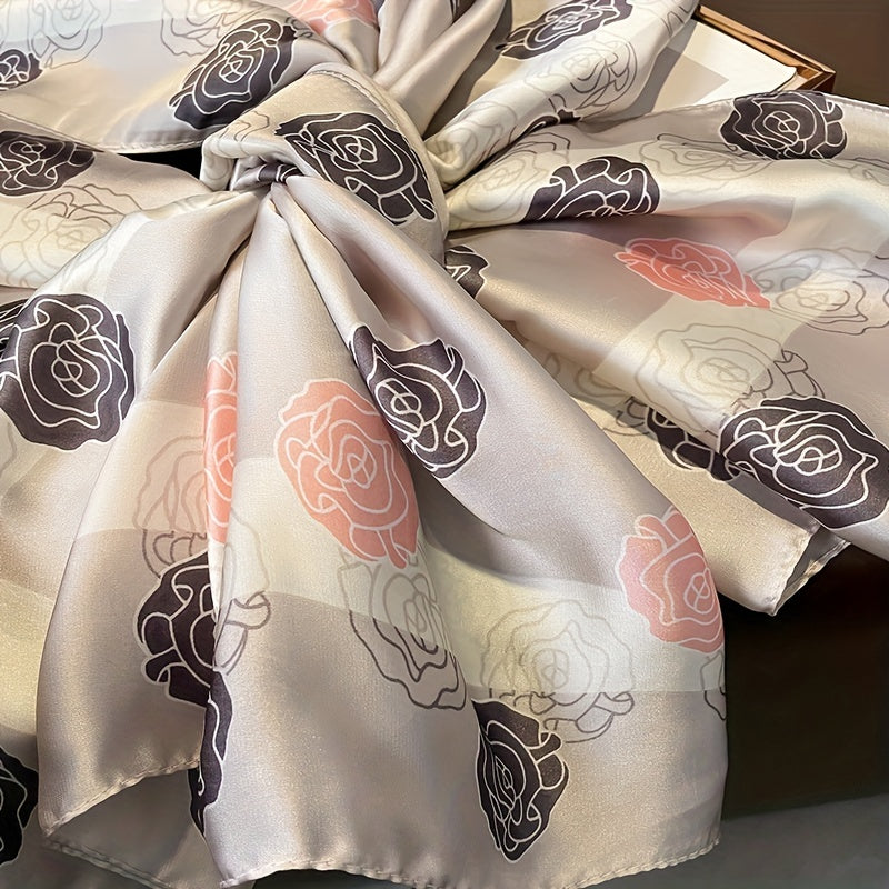 Camellia Print Thin Scarf Satin Shawl Classic Silk Head Wrap Sunscreen Travel