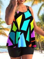  Geo Print Tankini Set with Cami Top & Shorts Swimsuit