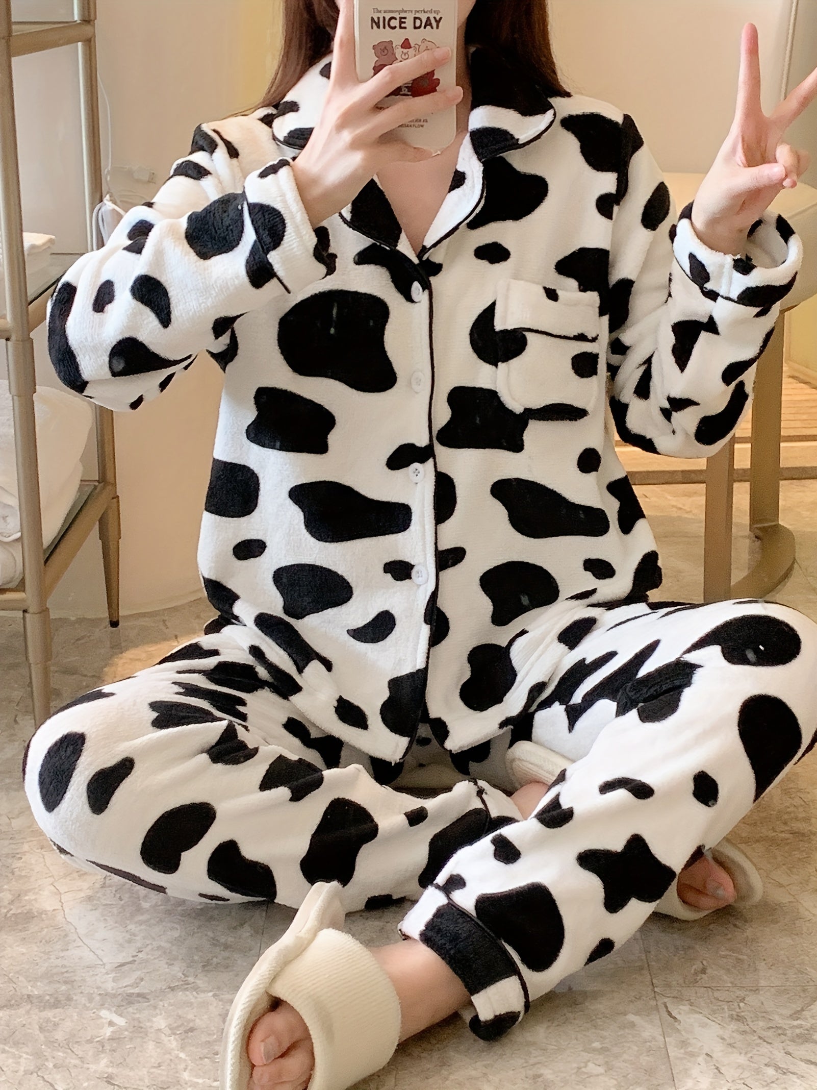 Cow Print Pajama Set Long Sleeve Top & Pants Women's Sleepwear