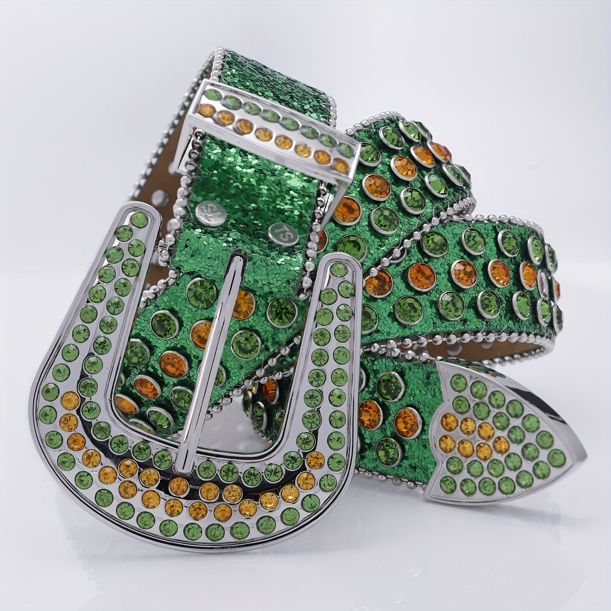 Funky Green Square Belt with Rhinestone PU Leather