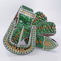 Funky Green Square Belt with Rhinestone PU Leather