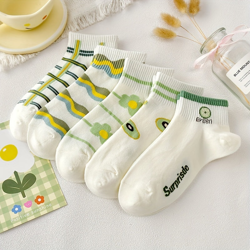 5 Pairs Floral Striped Socks Women's Stockings