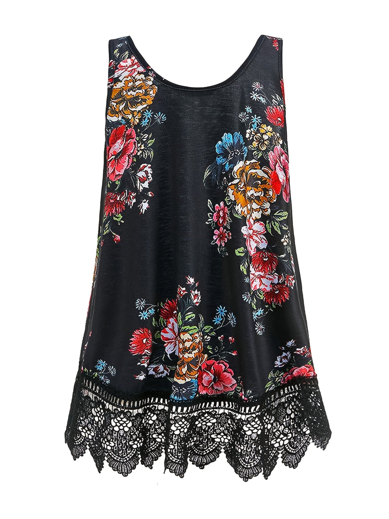  Rose Print Lace Tank Top Women's Sleeveless Casual Top