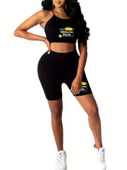  Lemon & Letter Print Cami Crop Top & Shorts 2 Piece Set