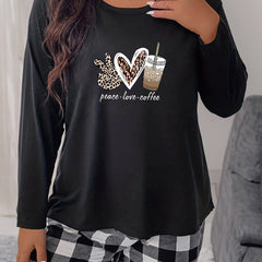 Women's Plus Heart & Coffee Print Long Sleeve Round Neck Sleepwear Top
