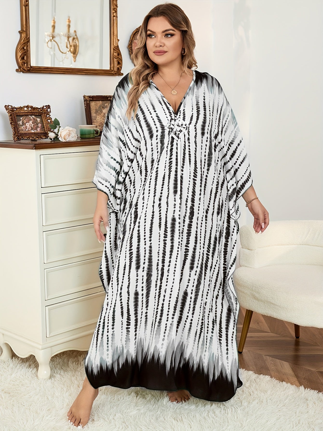  Tie Dye Striped Batwing Sleeve Maxi Cover Up Dress