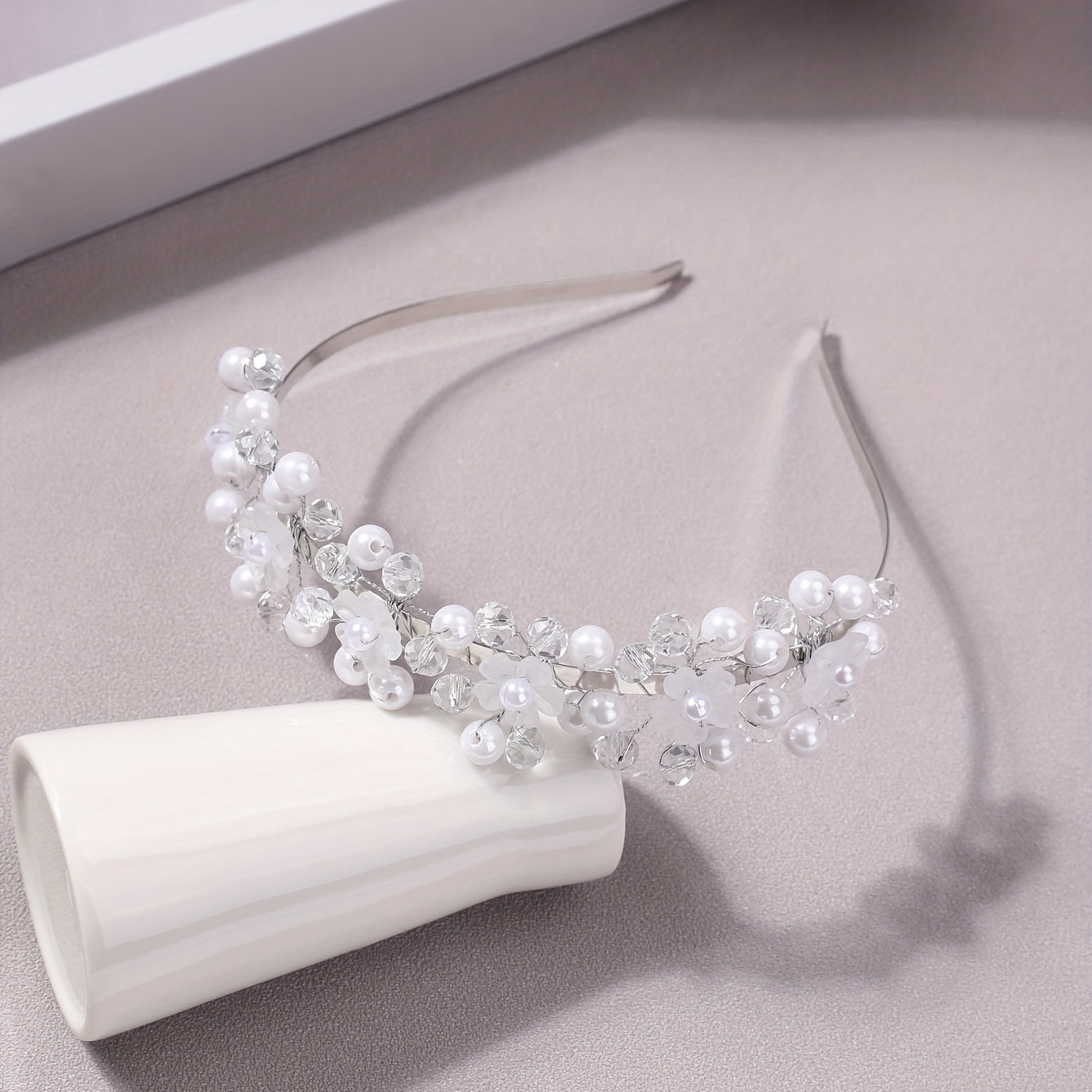 Faux Pearl Headband Crystal Beaded Hair Band Bridal Headdress