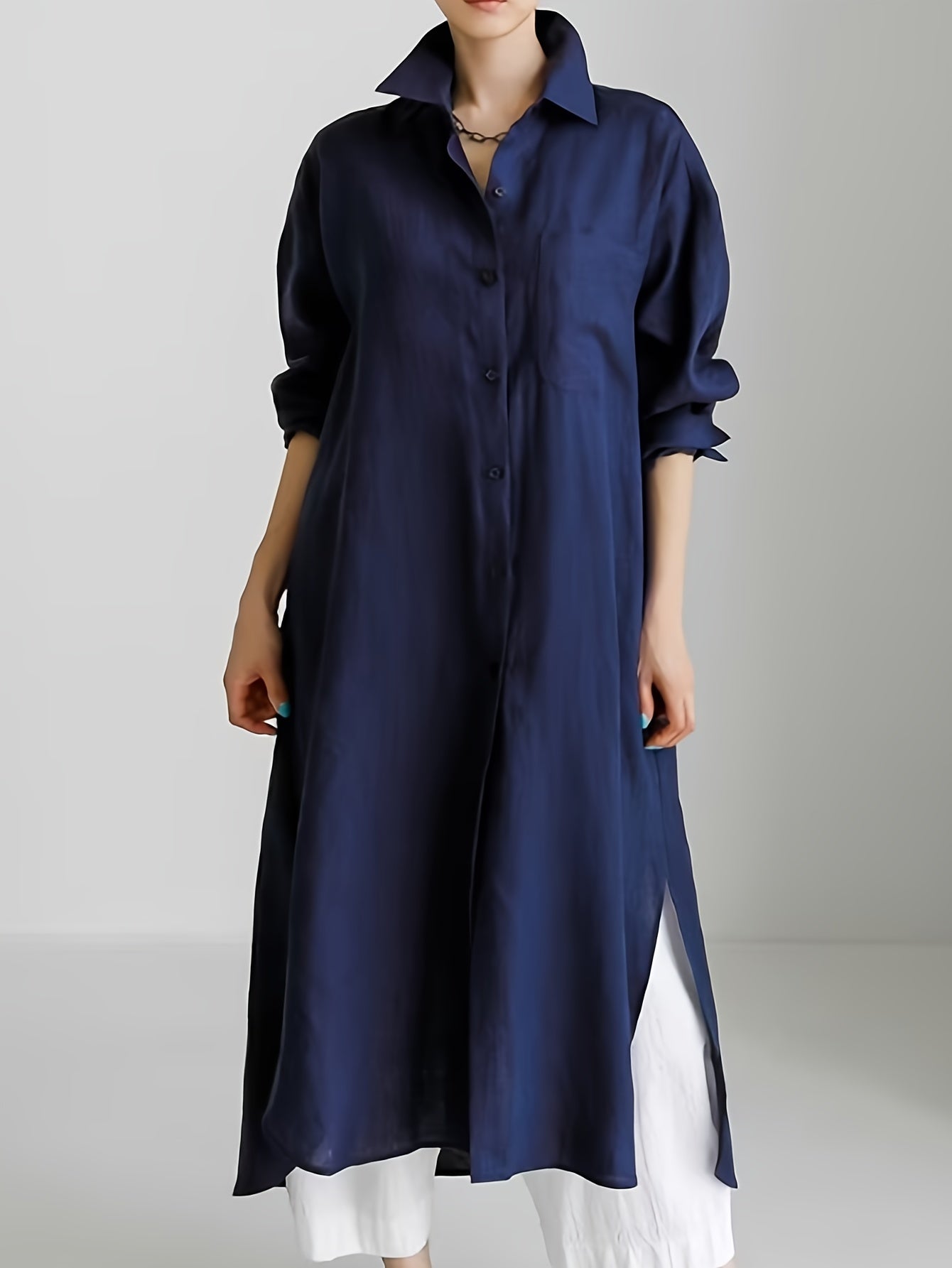  Solid Button Up Long Sleeve Maxi Shirt Dress