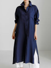  Solid Button Up Long Sleeve Maxi Shirt Dress