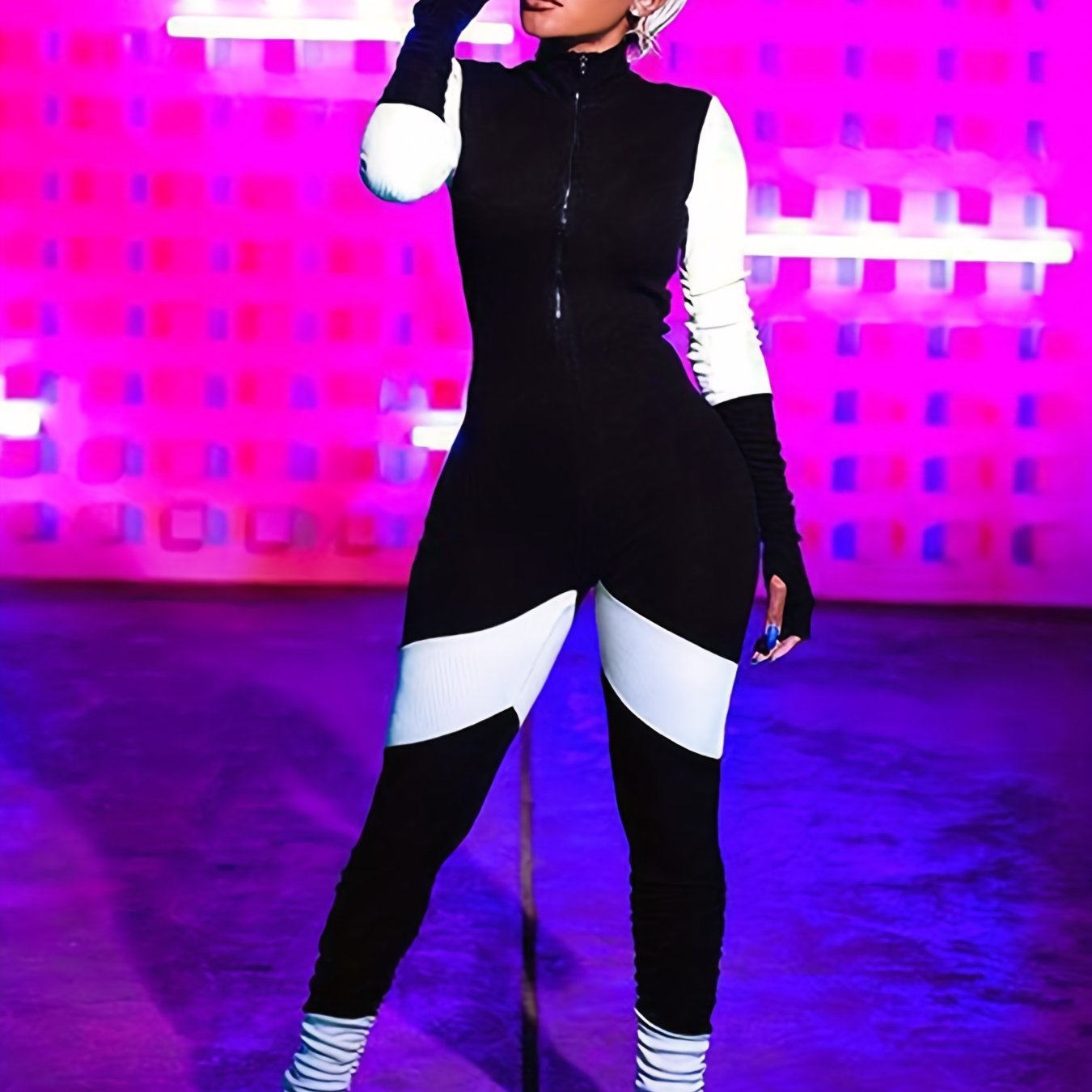 High Neck Zip Up Jumpsuit Long Sleeve Casual
