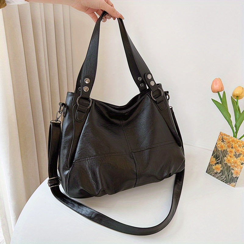 Classic PU Leather Tote Bag Large Capacity Zipper Handbag