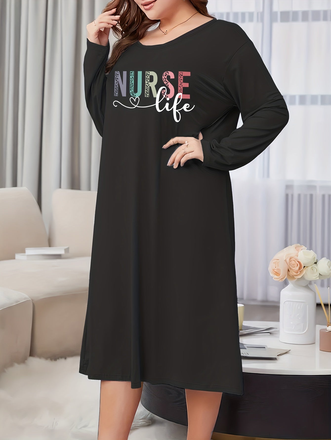  Leopard Print Lounge Dress Long Sleeve Nightdress